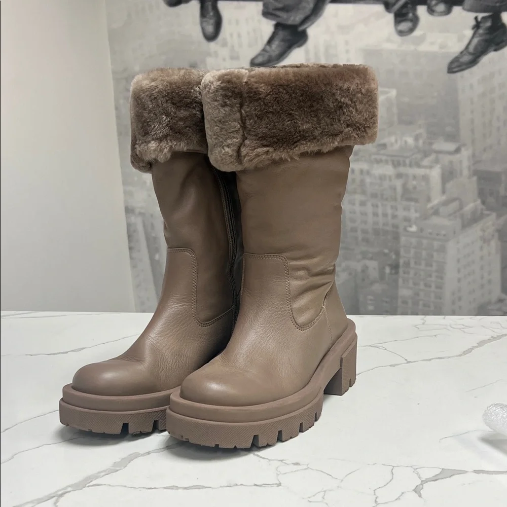 Free People Charlee Chunky Mid Boots Fur Cuff Lug Sole Taupe Minky Brown US 10